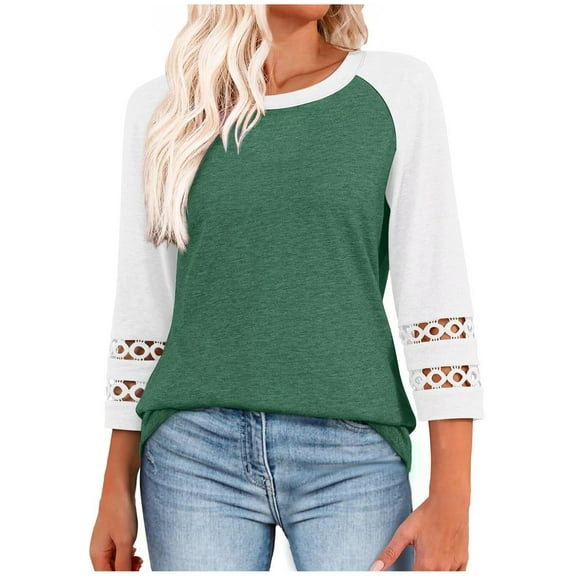 zbxnLI 3/4 Length Sleeve Womens Tops Hollow out Cuffed Casual Blouse Women Crewneck Loose Tunic Shirts