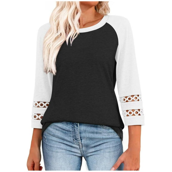 zbxnLI 3/4 Length Sleeve Womens Tops Hollow out Cuffed Casual Blouse Women Crewneck Loose Tunic Shirts