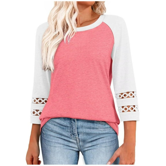 zbxnLI 3/4 Length Sleeve Womens Tops Hollow out Cuffed Casual Blouse Women Crewneck Loose Tunic Shirts