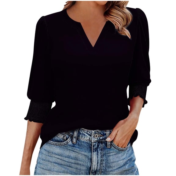 zbxnLI 3/4 Length Sleeve Womens Tops Loose V Neck Dressy Casual Blouses Tunic Shirts Womens Clothes
