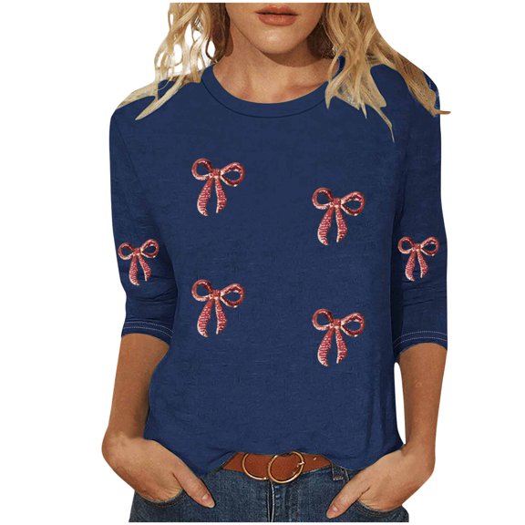 zbxnLI 3/4 Sleeve Shirts for Women Spring Graphic Tops Plus Size Crew Neck Shirt Ladies Business Work Casual Blouse