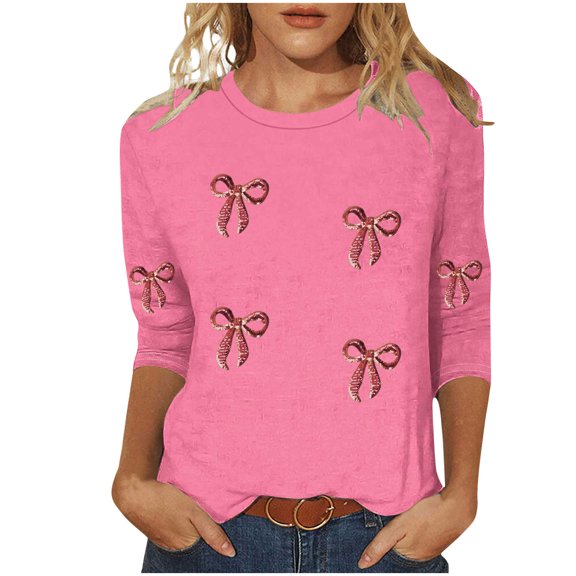 zbxnLI 3/4 Sleeve Shirts for Women Spring Graphic Tops Plus Size Crew Neck Shirt Ladies Business Work Casual Blouse
