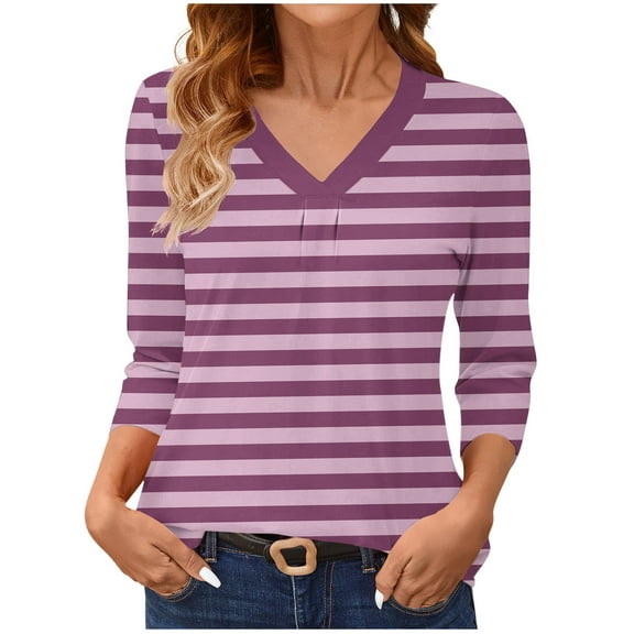 zbxnLI 3/4 Sleeve Shirts for Women's Striped V Neck Tops Dressy Work Blouses Base Tee Casual Fashion Clothes