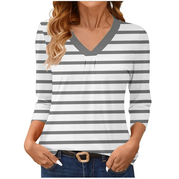 zbxnLI 3/4 Sleeve Shirts for Women's Striped V Neck Tops Dressy Work Blouses Base Tee Casual Fashion Clothes