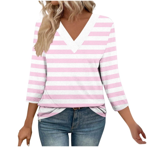zbxnLI 3/4 Sleeve T Shirts Womens Striped Tops V Neck Shirt Ladies Basic Comfy Tee Casual Summer Fashion Clothes