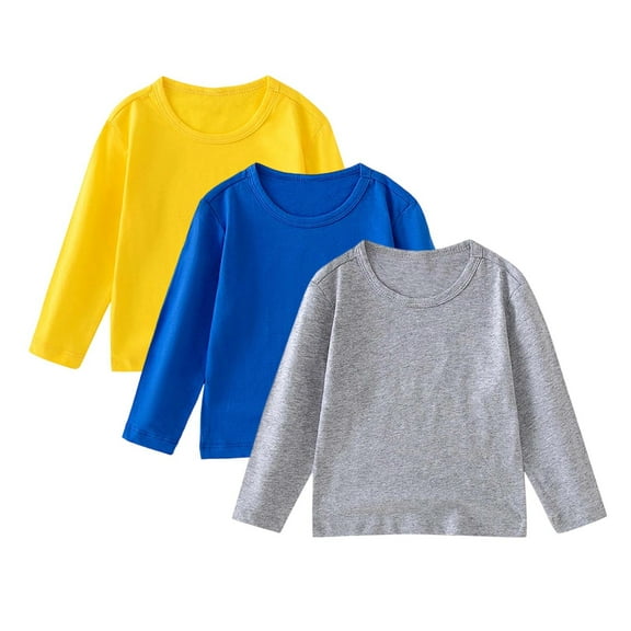 zbxnLI 3 Pack Girls Long Sleeve Tees Cotton Boys Crewneck T-Shirts Solid Color Soft Basic Tops for Toddler