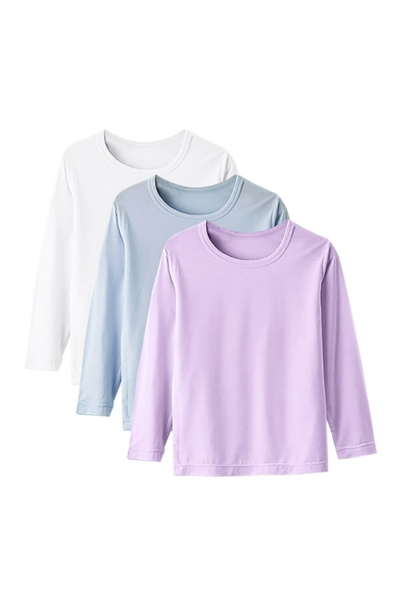 3 Pack Kids Long Sleeve Shirts Solid Color Basic Tee Crewneck Tops Toddler Boys Girls T-Shirts