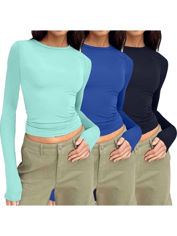 3 Pack Long Sleeve Shirts for Women Crew Neck Slim Pullover Tee Tops Basic Going out Casual Clothes
