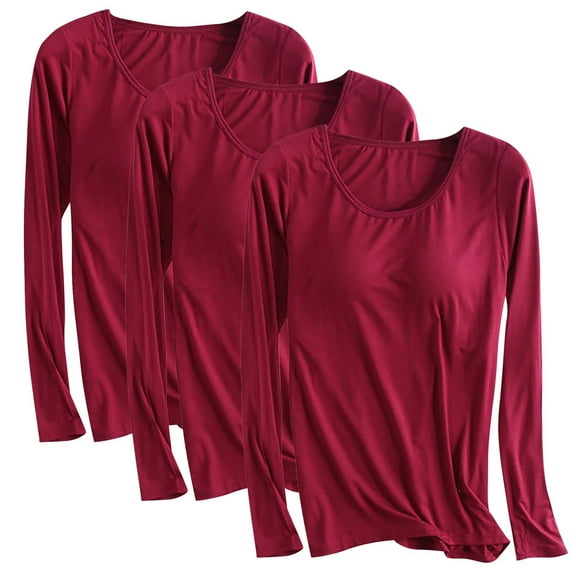 zbxnLI 3 Pack Womens Pajama Tops Soft Long Sleeve Basic Layer Tee Shirts with Built in Bra Pads