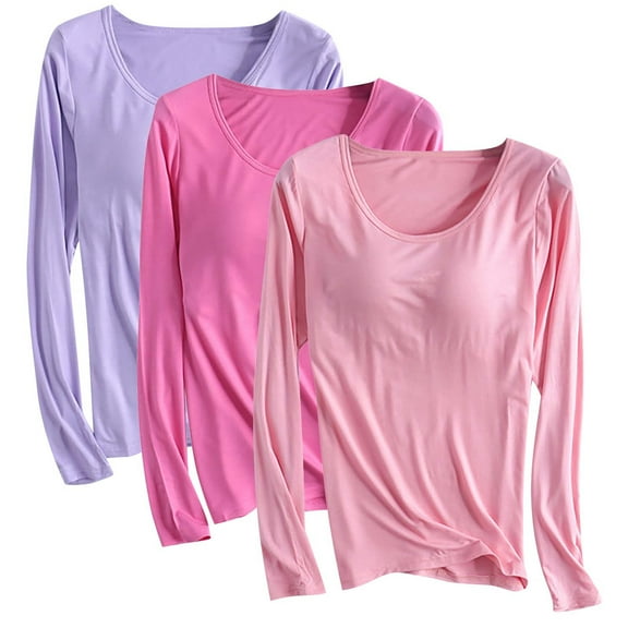 zbxnLI 3 Pack Womens Pajama Tops Soft Long Sleeve Basic Layer Tee Shirts with Built in Bra Pads