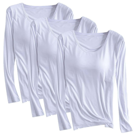 zbxnLI 3 Pack Womens Pajama Tops Soft Long Sleeve Basic Layer Tee Shirts with Built in Bra Pads