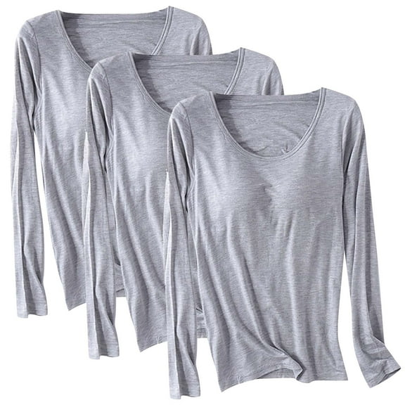 zbxnLI 3 Pack Womens Pajama Tops Soft Long Sleeve Basic Layer Tee Shirts with Built in Bra Pads