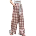 thumbnail image 1 of zbxnLI 4-13 Years Girls Cotton Pants Elastic Waisted Drawstring Plaid Trousers Loose Wide Leg Casual Pants with Pockets, 1 of 5