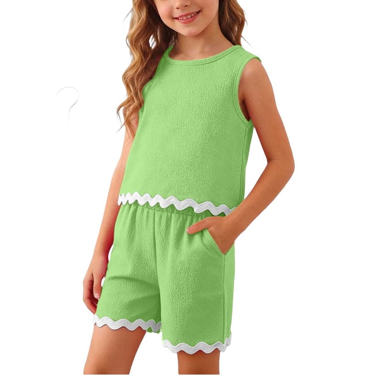 zbxnLI 4-15 Y Girls Clothes Ruffle Sleeveless Tank Tops and Shorts
