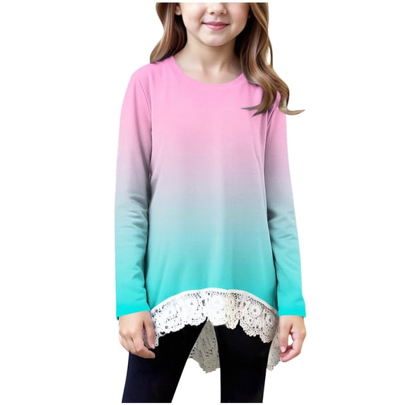 zbxnLI 4-15 Years Girls Cute Blouse Long Sleeve T-Shirt Crew Neck Casual Loose Shirts Little and Big Girls