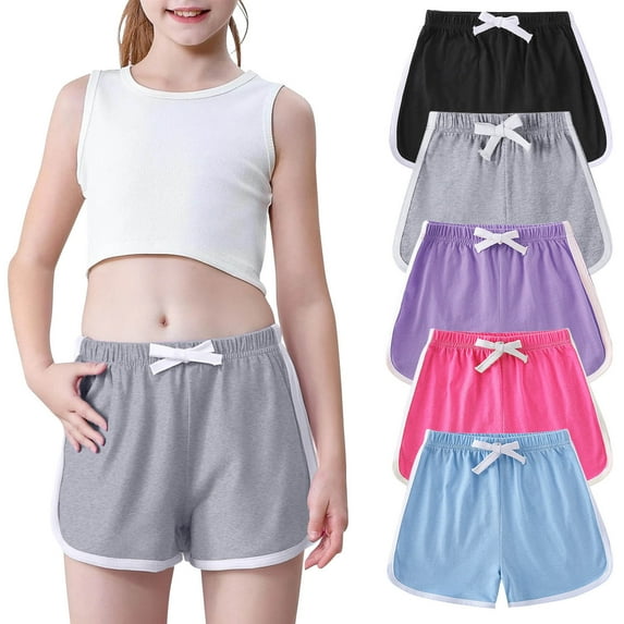 zbxnLI 5 Pack Girls Shorts Cotton Little Girls Running Shorts Drawstring Elastic Waist Athletic Shorts Summer