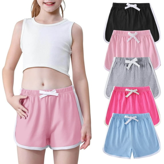 zbxnLI 5 Pack Girls Shorts Cotton Little Girls Running Shorts Drawstring Elastic Waist Athletic Shorts Summer