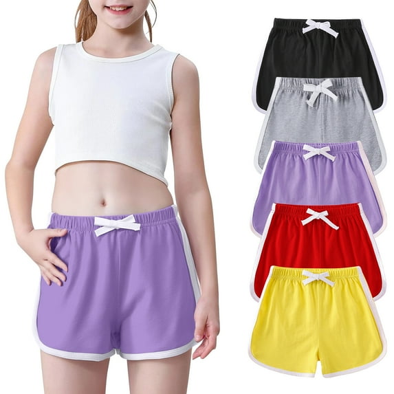 zbxnLI 5 Pack Girls Shorts Cotton Little Girls Running Shorts Drawstring Elastic Waist Athletic Shorts Summer