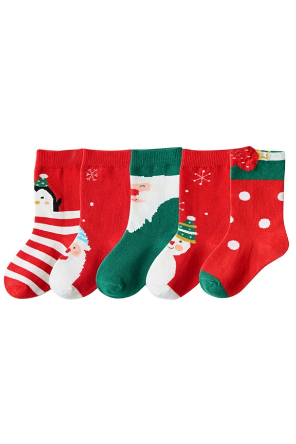 5 Pairs Kids Christmas Socks for Girls Boys Cartoon Print Crew Socks Xmas Cotton Socks