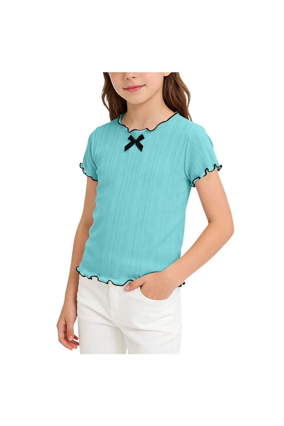 Baby Girl's Short Sleeve T Shirts Ribbed Ruffle Trim Summer Tops Crew Neck Shirt with Bow Cute Basic Tees