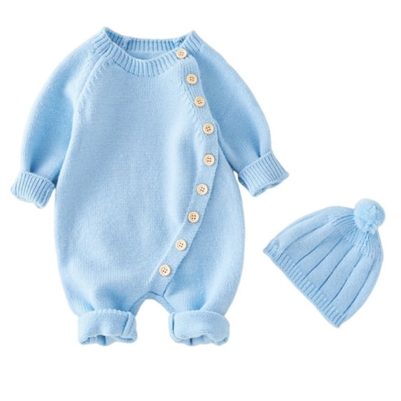 zbxnLI Baby Girls Boys One-Piece Outfits Knit Long Sleeve Sweater Rompers Footless Jumpsuits with Hats