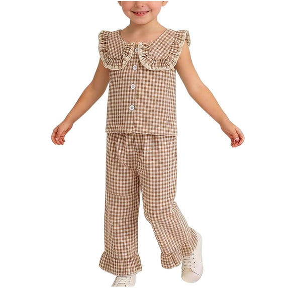 zbxnLI Baby Girls Summer 2 Piece Outfits Ruffle Sleeve Button up Shirts Tops Plaid Wide Leg Pants Spring Toddler Girl Clothing