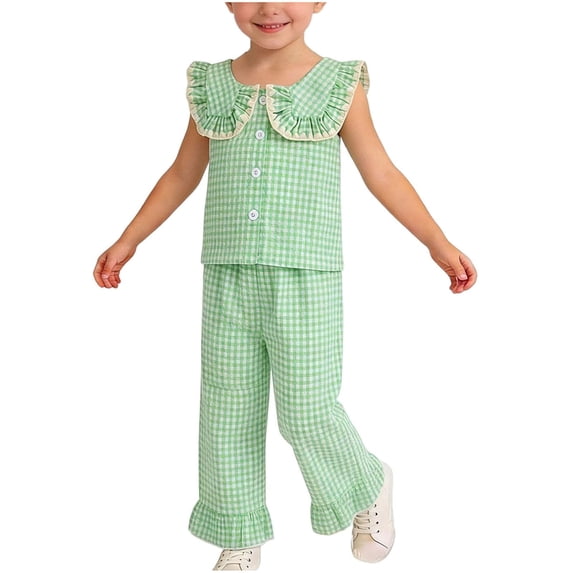 zbxnLI Baby Girls Summer 2 Piece Outfits Ruffle Sleeve Button up Shirts Tops Plaid Wide Leg Pants Spring Toddler Girl Clothing