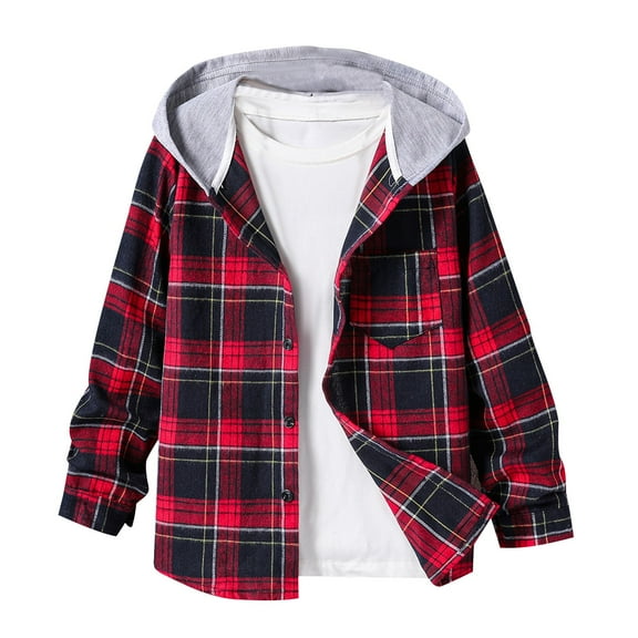 zbxnLI Boys Casual Jacket Plaid Printed Hooded Long Sleeve Shirts Fall Winter Outerwear 8-14 Years