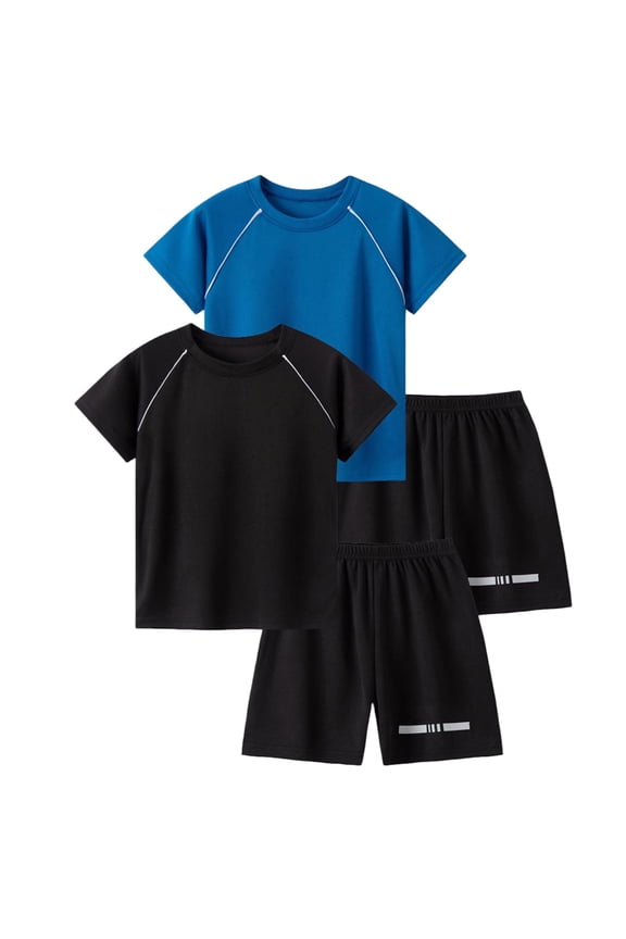 Boys Clothing Set 4 Piece Outfits Summer Loose Athletic Short Sleeve T Shirts and Shorts Plain Workout Running Sets 5-14 Y