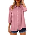 thumbnail image 1 of zbxnLI Button down Blouses for Women's 3/4 Sleeve Shirts Cotton Linen Collared Shirt Solid Color Fashion Tops, 1 of 7