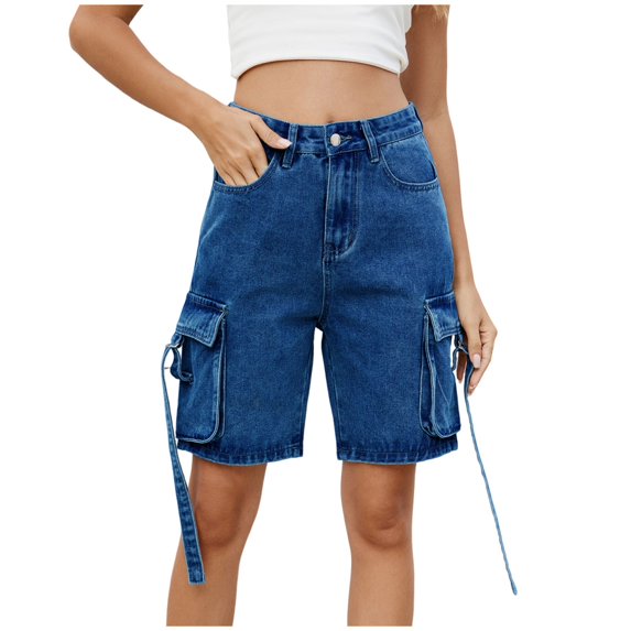 zbxnLI Cargo Denim Shorts for Women Pull on High Waist Wide Leg Denim Shorts with Pockets Trendy Short Jeans