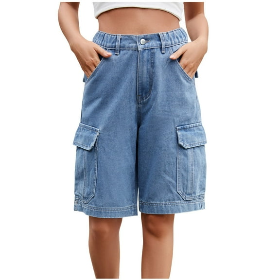 zbxnLI Cargo Denim Shorts for Women Pull on High Waist Wide Leg Denim Shorts with Pockets Trendy Short Jeans