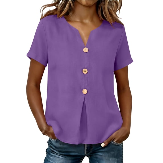 zbxnLI Casual Cotton Linen Shirts for Women Fashion Button Front Blouse Top Summer V Neck Loose Short Sleeve Shirt