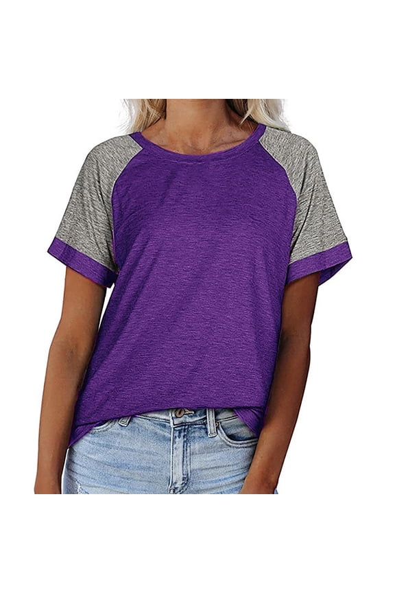 Casual Loose T Shirts for Women Crew Neck Block Color Tee Summer Lightweight Breathable Color Block Shirt
