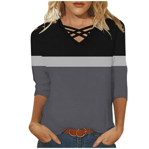 zbxnLI Color Block Top Womens Dressy Blouse 3/4 Sleeve V Neck T Shirt Tunic Pullover Tops Spring Clothes S-5XL