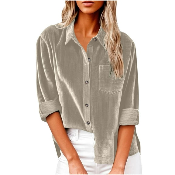 zbxnLI Corduroy Tops for Women Button Dress Shirts Business Casual Work Loose Long Sleeve Blouses