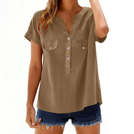 zbxnLI Cotton Linen Blouse Women's Plain Plus Size Tops V Neck Pullover Button Shirt Casual Spring Summer Outfits