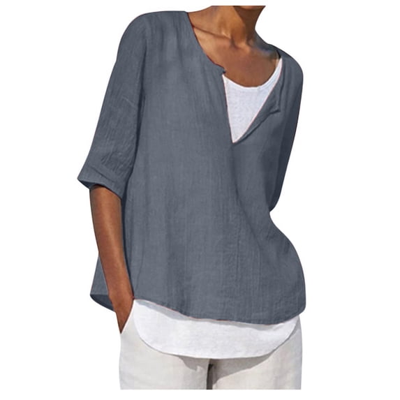 zbxnLI Cotton Linen Blouses Women's V Neck Pullover Tops 3/4 Sleeve Blouse Loose Casual Top Spring Summer Outfits
