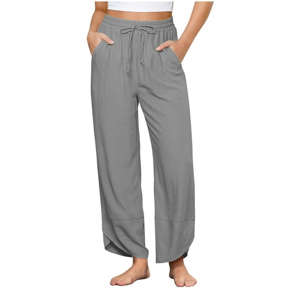 zbxnLI Cotton Linen Pants for Women Casual Capris High Waist Drawstring Wide Leg Ankle Length Lounge Pants