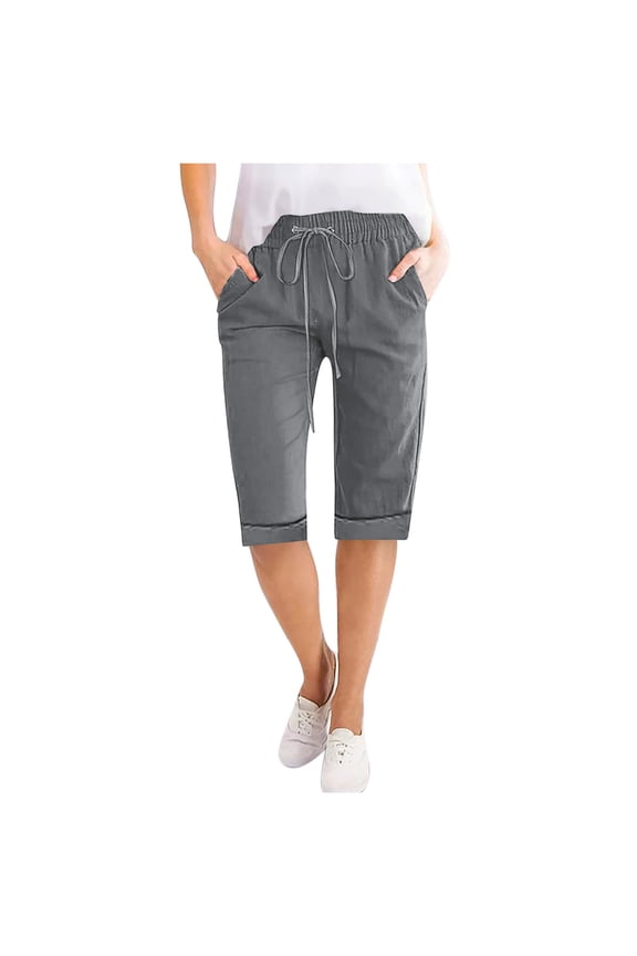 Cotton Linen Shorts for Women Knee Length Casual Shorts Rolled Straight Leg Summer Shorts with Pockets