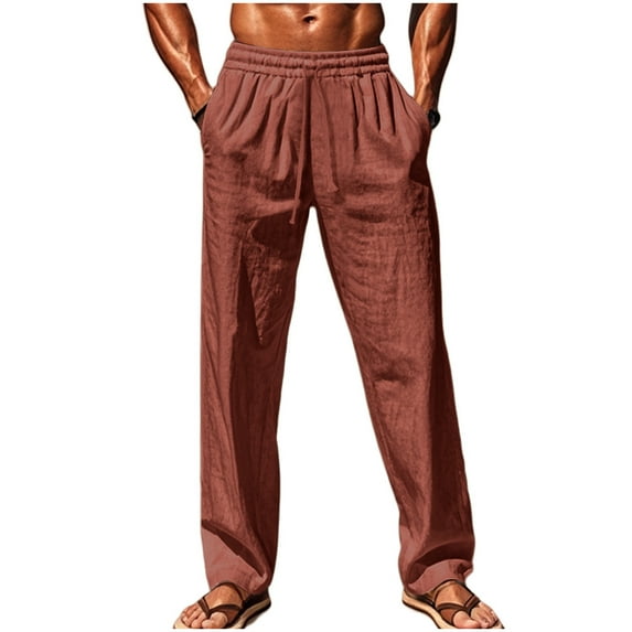 zbxnLI Cotton Pants Mens Plus Size Straight Leg Pant Drawstring Elastic Waist Sweatpant Lounge Summer Trouser with Pocket
