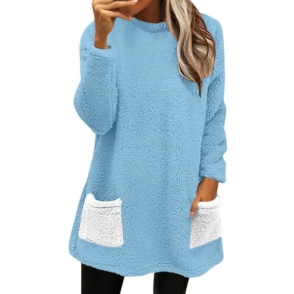 zbxnLI Fuzzy Pajama Tops for Women Crew Neck Long Sleeve Fleece Pullover Sweatshirts with Pockets