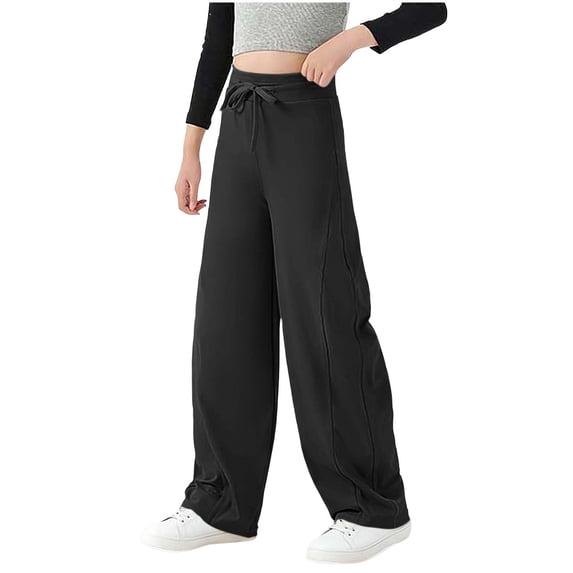 zbxnLI Girl's Casual Pants Elastic High Waist Drawstring Wide Leg Trousers Solid Color Loose Pants for Kids 4-15 Years