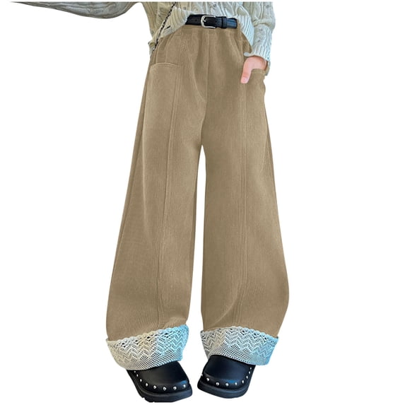 zbxnLI Girl's Corduroy Pants Wide Leg High Waist Casual Loose Pants Fashion Streetwear Trousers with Pockets for Kids