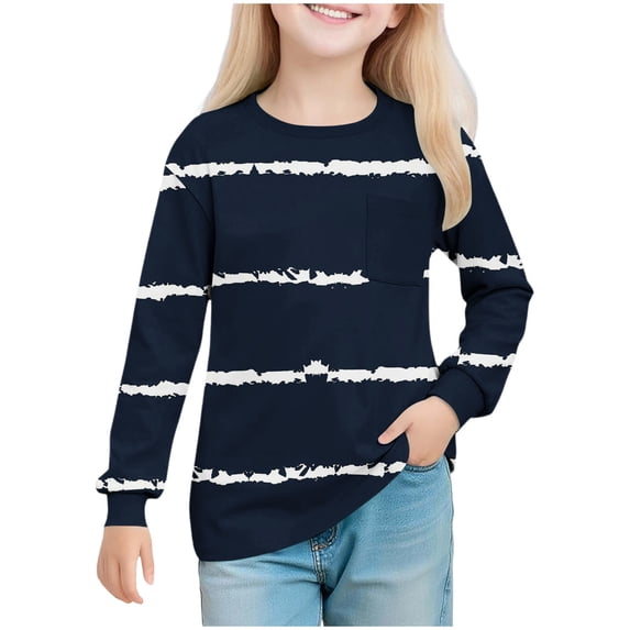zbxnLI Girl's Crew Neck Shirts Long Sleeve Polka Dots Loose Pullover Tshirt Casual Fashion Tunic Tops with Pockets