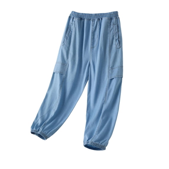 zbxnLI Girl's Denim Pants Elastic Waist Tapered Trousers Fashion Comfy Casual Outdoor Jeans Pants with Pockets