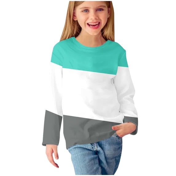 zbxnLI Girl's Long Sleeve Shirts Crew Neck Casual Color Block Tunic Blouses Fashion Lightweight Pullover Tee Tops