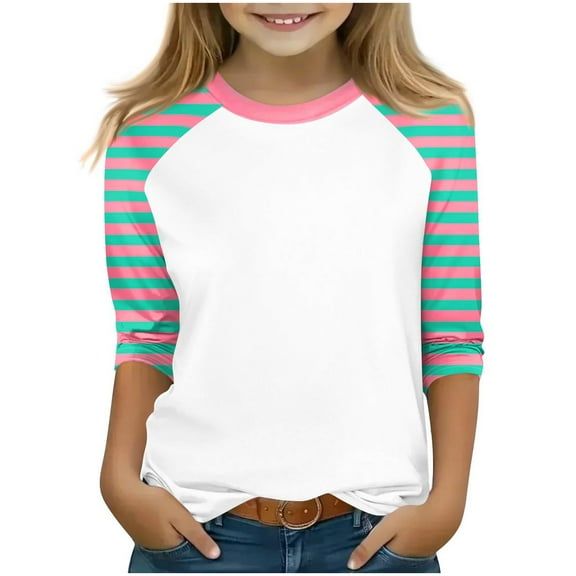 zbxnLI Girls 3/4 Sleeve Tops Color Block Striped Crewneck T-Shirts Little Girls Fall Tees Tops