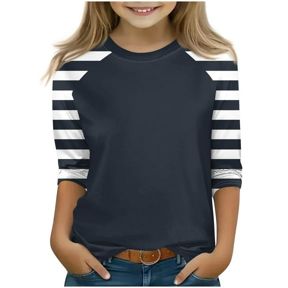 zbxnLI Girls 3/4 Sleeve Tops Color Block Striped Crewneck T-Shirts Little Girls Fall Tees Tops