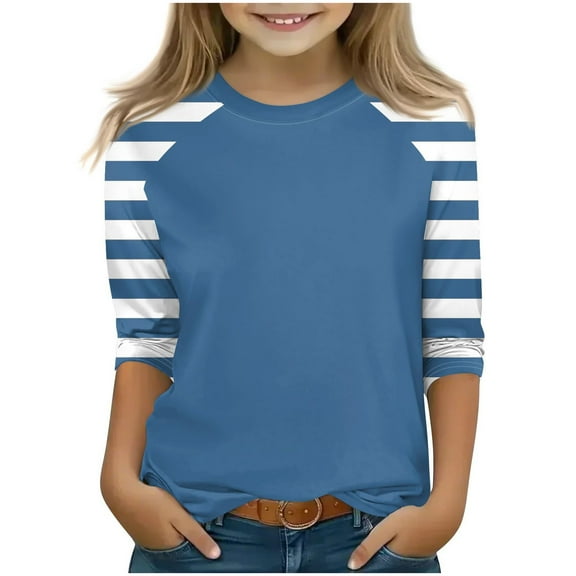 zbxnLI Girls 3/4 Sleeve Tops Color Block Striped Crewneck T-Shirts Little Girls Fall Tees Tops
